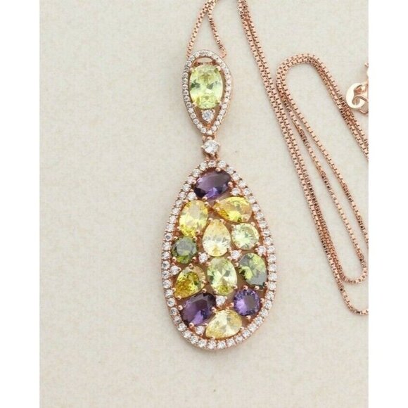 Rose Gold over Sterling Silver Multi Stone CZ Necklace 18 inch chain 1 mm wide - Picture 1 of 8